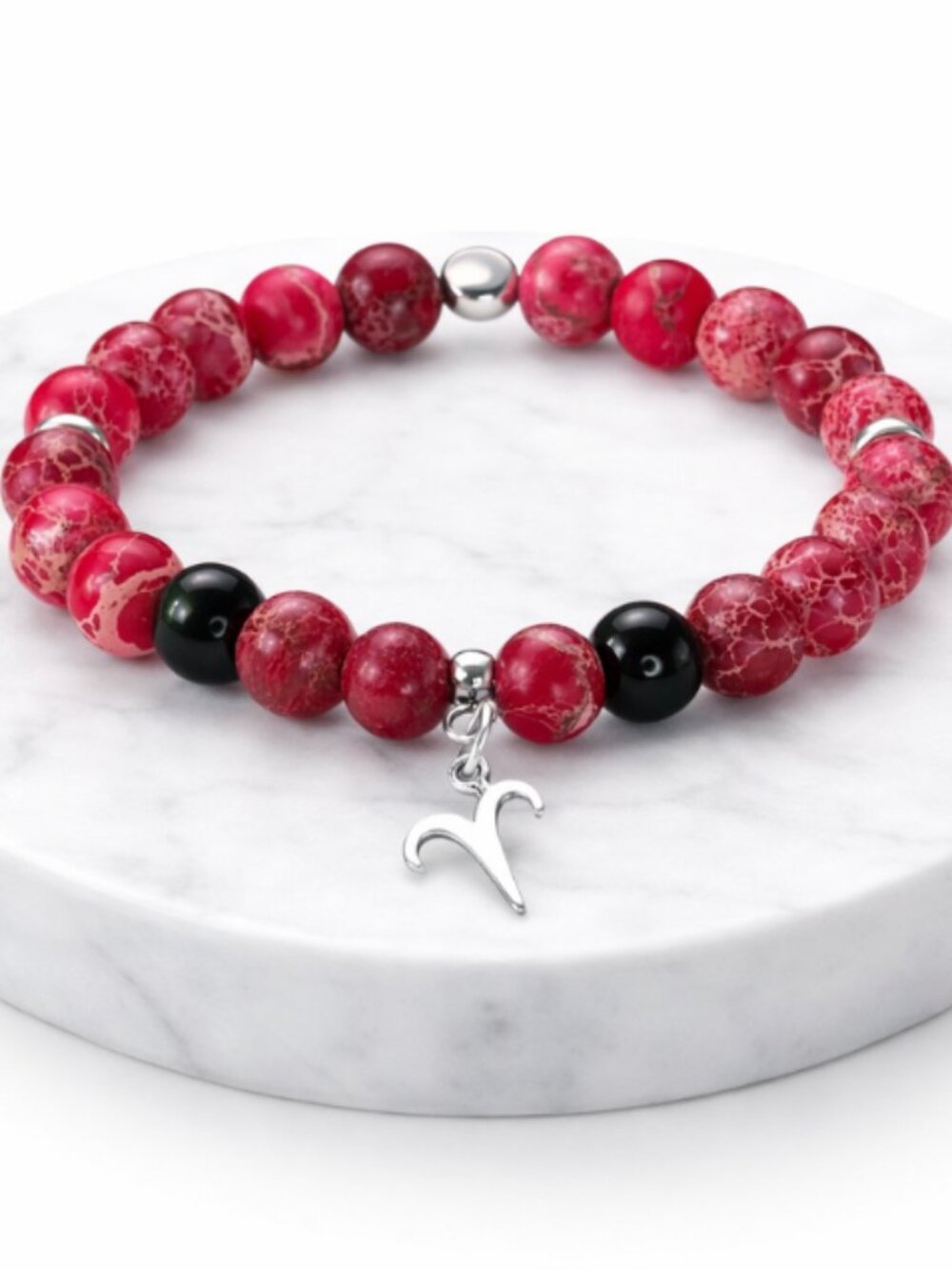 Aries Red Jasper Crystal Bracelet Silver Zodiac Charm Beaded Stretch Jewelry